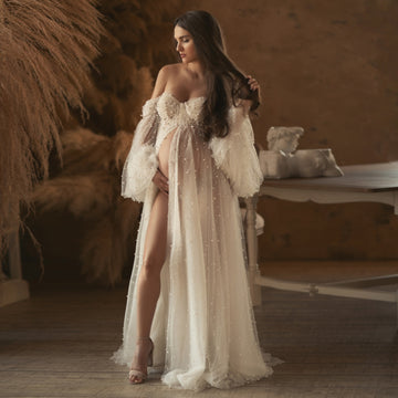 Mqtime Haute Couture Pearls Tulle Maternity Dress Luxurious Puffy Sleeves Photo Shooting Gowns See Thru Pearls Women Maternity Dresses